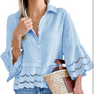 **NWOT** Light Blue Lace Trim Button Down 3/4 Sleeve Women's Top Size Small